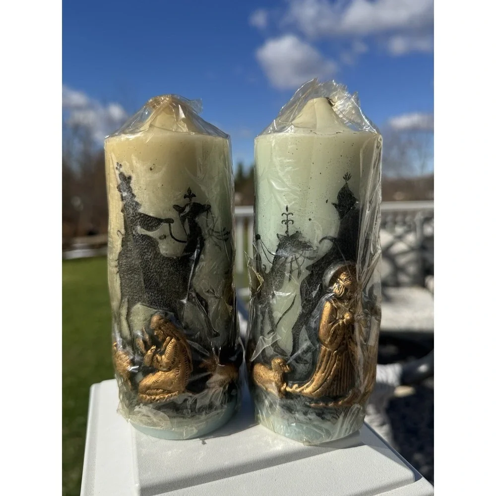 Vintage Holiday Elegance Nativity Candles NOS Handcrafted Wrapped Pair Christmas